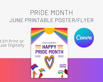 May include: A printable poster or flyer for Pride Month, featuring a rainbow flag, a heart, and the text "Spread Awareness - Happy Pride Month".