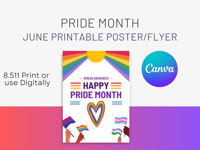May include: A printable poster or flyer for Pride Month, featuring a rainbow flag, a heart, and the text "Spread Awareness - Happy Pride Month".