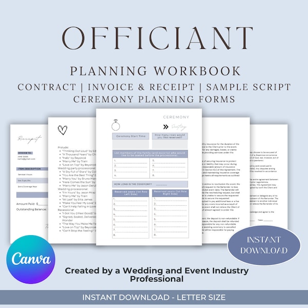 Wedding Officiant Binder Templates, Ceremony Order, Unity Ceremony Ideas, Sample Ceremony Script, Customer Intake Forms, Contract and More