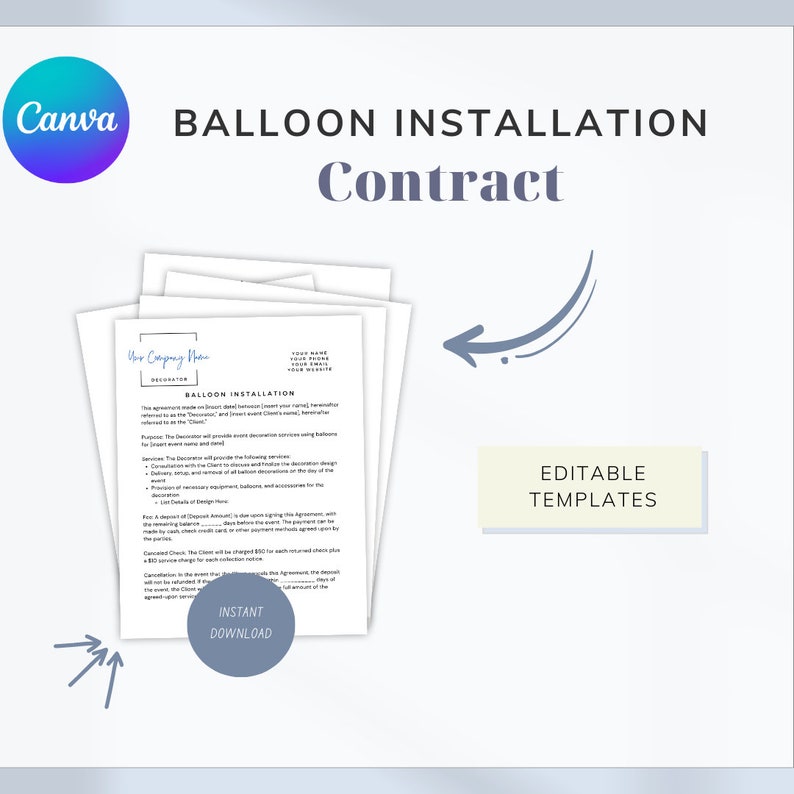 Balloon Decor Contract, Invoice Canva Template for Balloon Arch