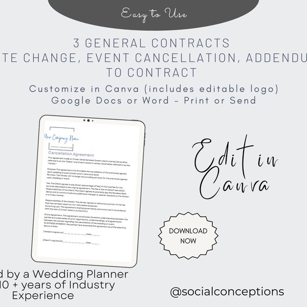 Change of Date Agreement Event Cancellation Agreement General Contract Addendum Change of Contract Canva Templates Editable