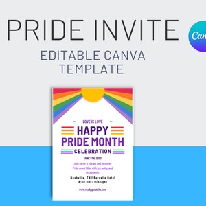 Könnte beinhalten: Eine farbenfrohe Pride Month-Einladung mit einem Regenbogenbogen und einer Sonne. Der Text lautet "Love is Love - Happy Pride Month Celebration" mit dem Datum "June 5th, 2023". Die Einladung enthält Details zur Veranstaltung, einschließlich Ort, Zeit und Website.