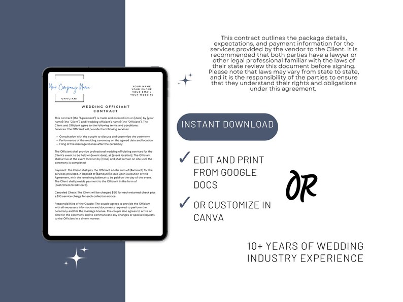 Officiant Contract Canva Template Printable and Editable Wedding