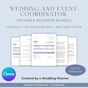 May include: Editable business bundle for wedding and event coordinators. Includes a contract, invoice and receipt, and a welcome letter. The documents are in a light blue and white color scheme with a modern, minimalist design.