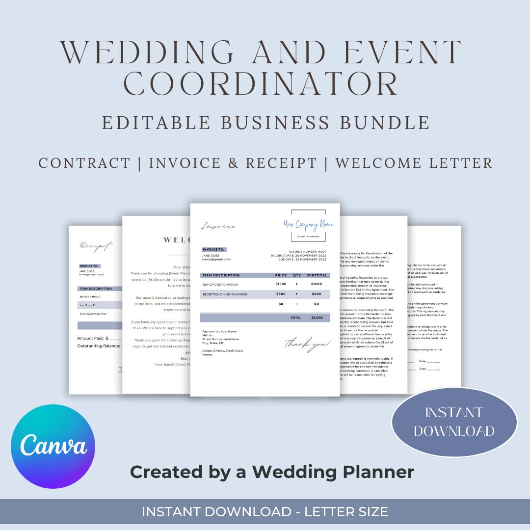 Wedding Coordinator Contract Template Invoice Welcome Letter Etsy
