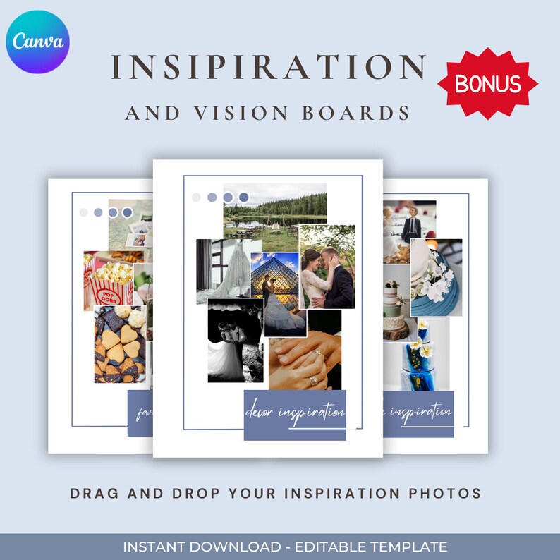 K&ouml;nnte beinhalten: Drei druckbare Vision Board-Vorlagen mit einem blau-wei&szlig;en Farbschema. Die Vorlagen sind mit "for", "Dekorationsinspiration" und "Inspiration" beschriftet. Die Vorlagen sind f&uuml;r die Hochzeitsplanung gedacht.