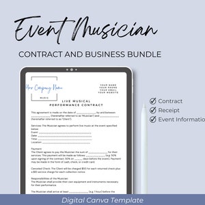May include: A digital Canva template for a live musical performance contract. The template includes sections for the musician's name, the event date, time, location, payment details, and responsibilities of the musician. The template also includes a receipt and event information forms.