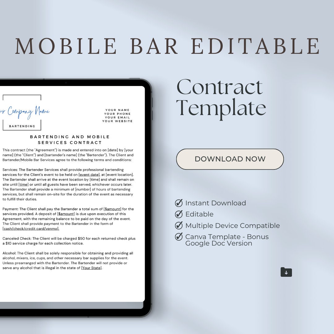 Bartender & Mobile Bar Event Contract Template for Weddings and Event Bartender & Mobile Bar Event Contract Template for Weddings and Event