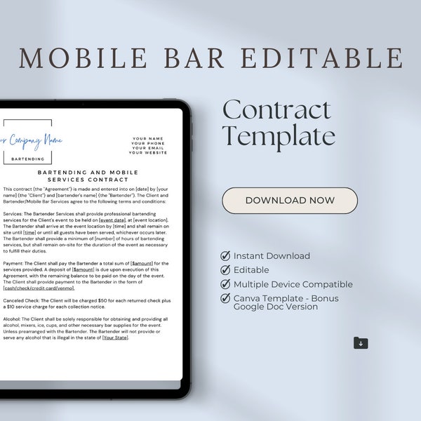 Bartender & Mobile Bar Event Contract Template for Weddings and Event Printable and Editable in Canva or Google Docs for Bartending