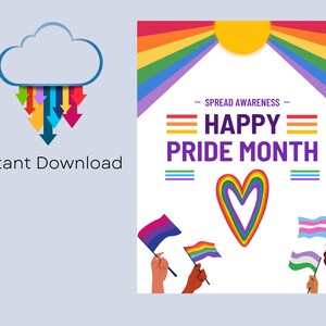 May include: A digital download graphic with a rainbow background and the text "Spread Awareness - Happy Pride Month". The graphic features a rainbow heart, a sun, and rainbow flags.