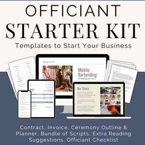 May include: A digital marketing kit for officiants, featuring templates for contracts, invoices, ceremony outlines, and planners. The kit also includes a bundle of scripts, extra reading suggestions, and an officiant checklist.