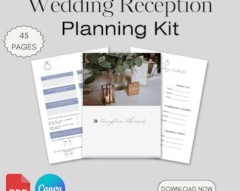 Detaillierte Checkliste für den Hochzeitsempfang, Tag des Planers, druckbare Canva-Vorlage, Dekorliste, Musik-Arbeitsblatt, Zeitleiste, Sitzplan usw