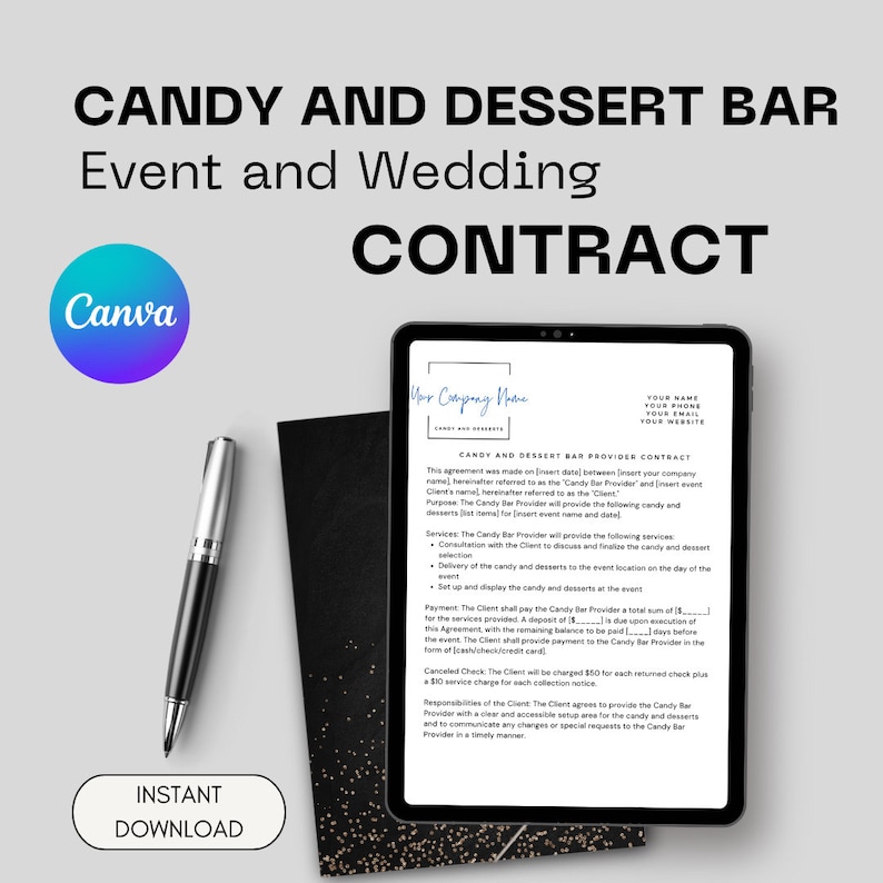 Candy Bar Contract, Simple Service Agreement, Weddings and Events