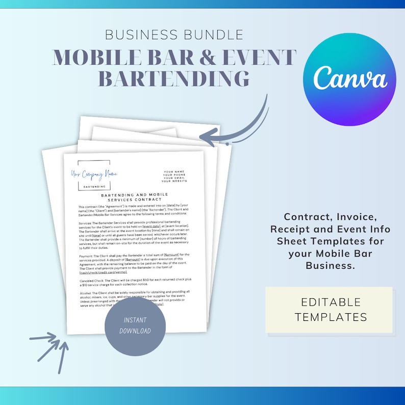 Bartending Business Templates Bartending Contract Template and Invoice Template for Mobile Bars and Event Bartenders for Weddings and Events