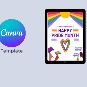 May include: A digital template for a social media post celebrating Pride Month. The template features a rainbow heart, rainbow flags, and the text "Spread Awareness - Happy Pride Month".