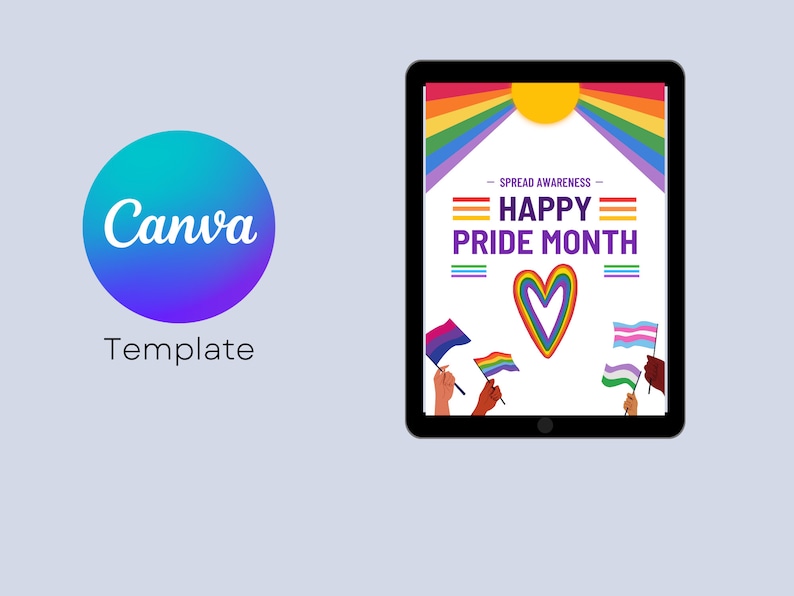 May include: A digital template for a social media post celebrating Pride Month. The template features a rainbow heart, rainbow flags, and the text "Spread Awareness - Happy Pride Month".