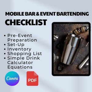 Liste de contrôle de configuration des barmans essentiels pour l&#39;événement, liste de fournitures modifiable et listes de courses pour barmans mobiles