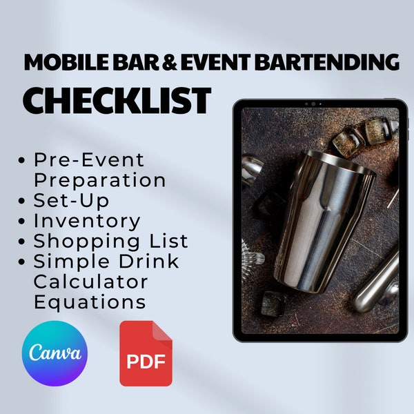 Essential Event Bartender Set Up Checklist, Editable Supplies List, and Shopping Lists for Mobile Bartenders