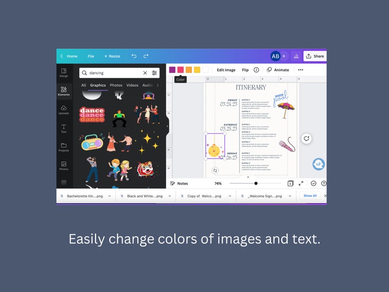 May include: A computer screen displaying a design program with a variety of colorful graphics and text. The program allows users to easily change the colors of images and text. The text on the screen reads "ITINERARY" and includes dates and times.