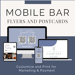 Modelos de panfletos de bar móvel Canva, cartão postal e código QR em tamanho real para se sentir embriagado, marketing para pequenas empresas para eventos e casamentos
