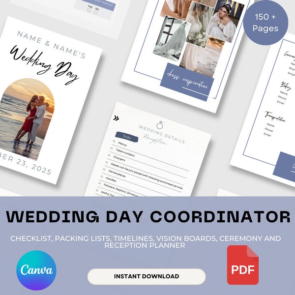 Modèle numérique sur toile d'organisateur de mariage créé par un coordinateur de mariage, 150 pages et plus, chronologie, liste de contrôle et plus