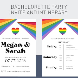 Invitación a despedida de soltera lésbica e itinerario digital Plantilla digital Plantilla Canva Despedida de soltera Fin de semana de despedida de soltera Boda LGBTQ