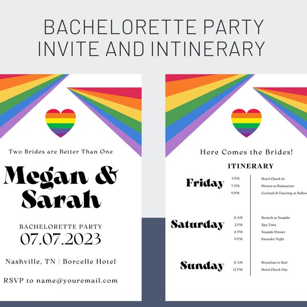 Lesbian Bachelorette Party Invite and Digital Itinerary Digital Template  Canva Template Hen Party Bachelorette Weekend LGBTQ Wedding