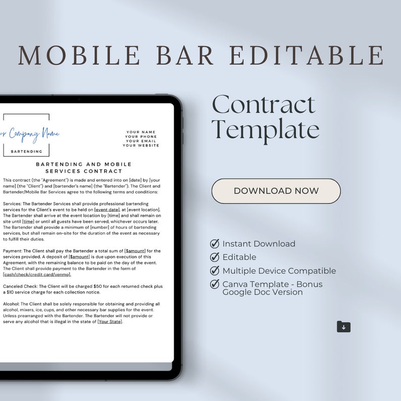 Bartending Business Templates Bartending Contract Template and Invoice Template for Mobile Bars and Event Bartenders for Weddings and Events