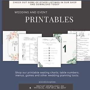 May include: Printable wedding and event timeline, table numbers, and seating charts with floral and greenery designs. The text on the timeline says "Ashley Jon's Wedding Timeline".