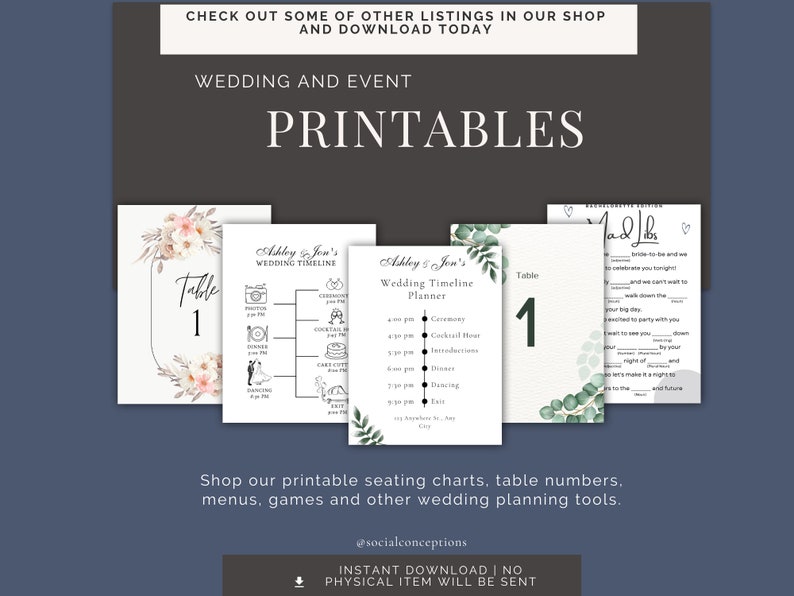 May include: Printable wedding and event timeline, table numbers, and seating charts with floral and greenery designs. The text on the timeline says "Ashley Jon's Wedding Timeline".