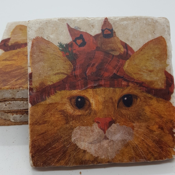 Cat Coasters  Orange Cat Coasters  Animals Coasters  Cat and Cardinals Stone Tile Coasters Travertine Stone Coasters