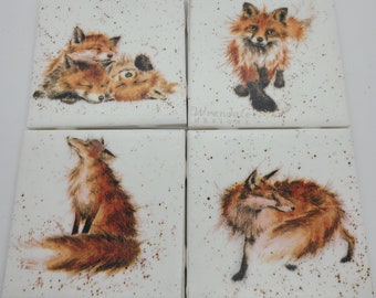 Fox Family Coasters Fox Babies Coasters Foxes Tile Coasters  Ceramic Tile Coasters