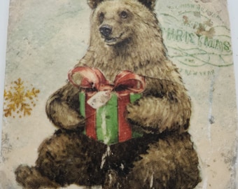 Christmas Bear Coasters Bear with Gift Coasters Christmas Gift  Travertine Stone Coasters
