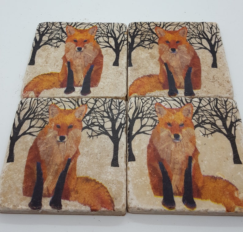 Fox Coasters Red Fox Coasters Wildlife Animals Coasters Stone Tile Coasters Travertine Stone Coasters image 3