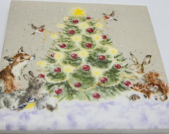 Wildlife Christmas Tree Coasters  Christmas Coasters Tile Coasters Christmas Gift  Ceramic Tile Coasters