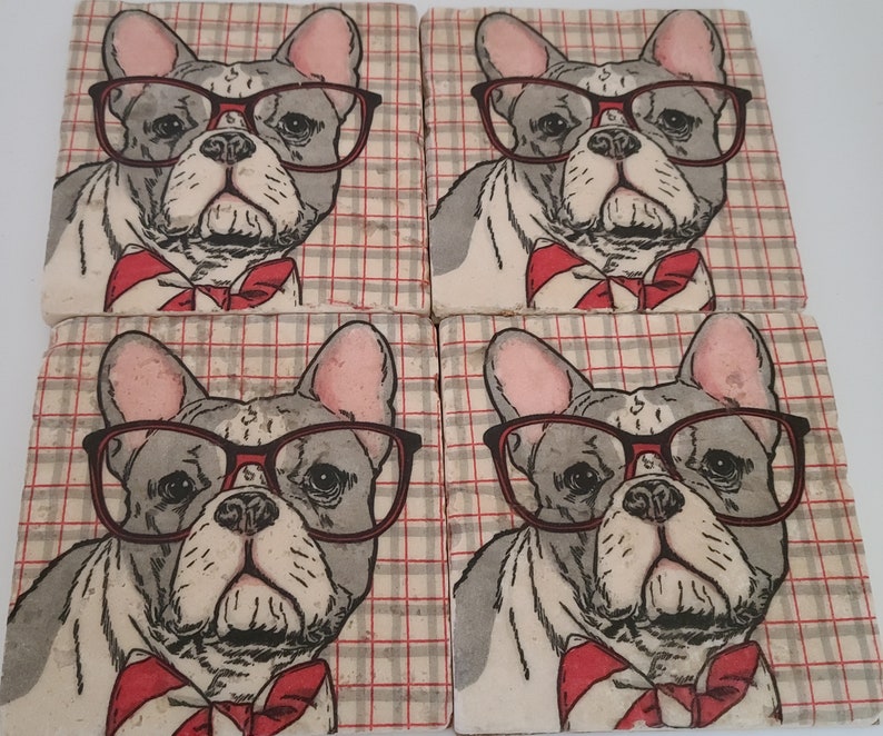 Dog Coasters Stone Coasters Dressed Dog Travertine Stone Coasters Frenchie Coasters French Bulldog Dog in Glasses Coasters image 3