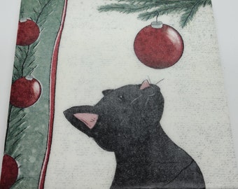 Black Cat Coaster, Christmas Cat Coaster, Cat and Ornament, Christmas coaster, Christmas Gift  Ceramic Tile Coasters