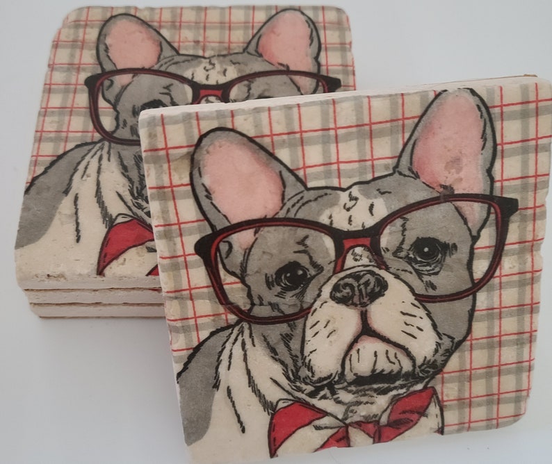 Dog Coasters Stone Coasters Dressed Dog Travertine Stone Coasters Frenchie Coasters French Bulldog Dog in Glasses Coasters image 2