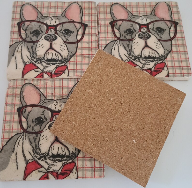 Dog Coasters Stone Coasters Dressed Dog Travertine Stone Coasters Frenchie Coasters French Bulldog Dog in Glasses Coasters image 4