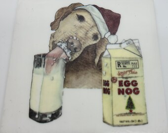 Dog with Eggnog Coaster Dog Coasters, Yellow Lab and Egg Nog Coasters Christmas Gift  Ceramic Tile Coasters