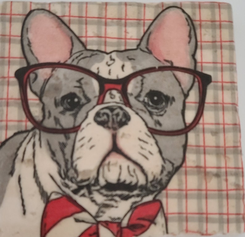 Dog Coasters Stone Coasters Dressed Dog Travertine Stone Coasters Frenchie Coasters French Bulldog Dog in Glasses Coasters image 1