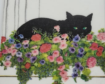 Black Cat Coasters Black Cat and Flowers Coaster Floral Coasters Tile Coasters  Ceramic Tile Coasters