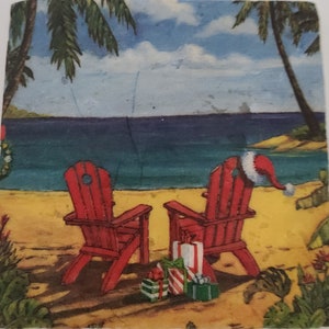 Christmas on the Beach Stone Coasters  Santa on the Beach Coasters Christmas Gift  Travertine Stone Coasters