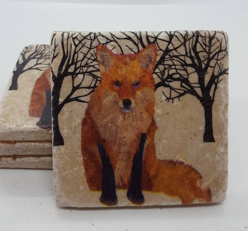 Fox Coasters Red Fox Coasters Wildlife Animals Coasters Stone Tile Coasters Travertine Stone Coasters image 4