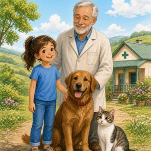 Puede incluir: Una portada de libro titulada Millbrook Valley Stories Reading Comprehension Level 1 con una ilustración de un niño, un adulto con bata blanca, un perro dorado y un gato atigrado frente a un edificio con una cruz verde.