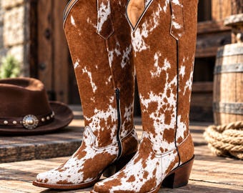 Women's Brown And White Cowhide Western Boots – Tall Leather Cowboy Boot Pointed Toe Ranch Boot, Rustic Cowgirl Fashion Footwear