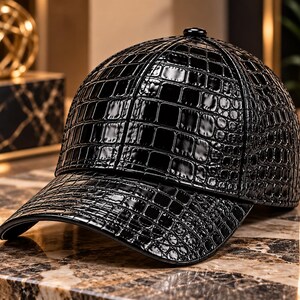 May include: A black baseball cap featuring a glossy, patent-like finish with a textured, embossed crocodile skin pattern. The cap has a structured six-panel crown, a curved brim, and a small black button at the top center of the crown.