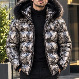 Men's Python Snakeskin Leather Puffer Jacket Faux Fur Collar and Hood