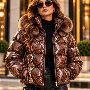 Doudoune en cuir imprimé python pour femme avec capuche en fausse fourrure, Pufferjacken damen