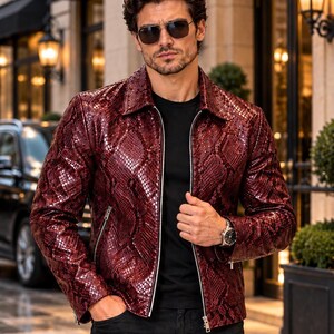 Men's Burgundy Crocodile-Embossed Leather Biker Jacket, Glossy Moto Outerwear